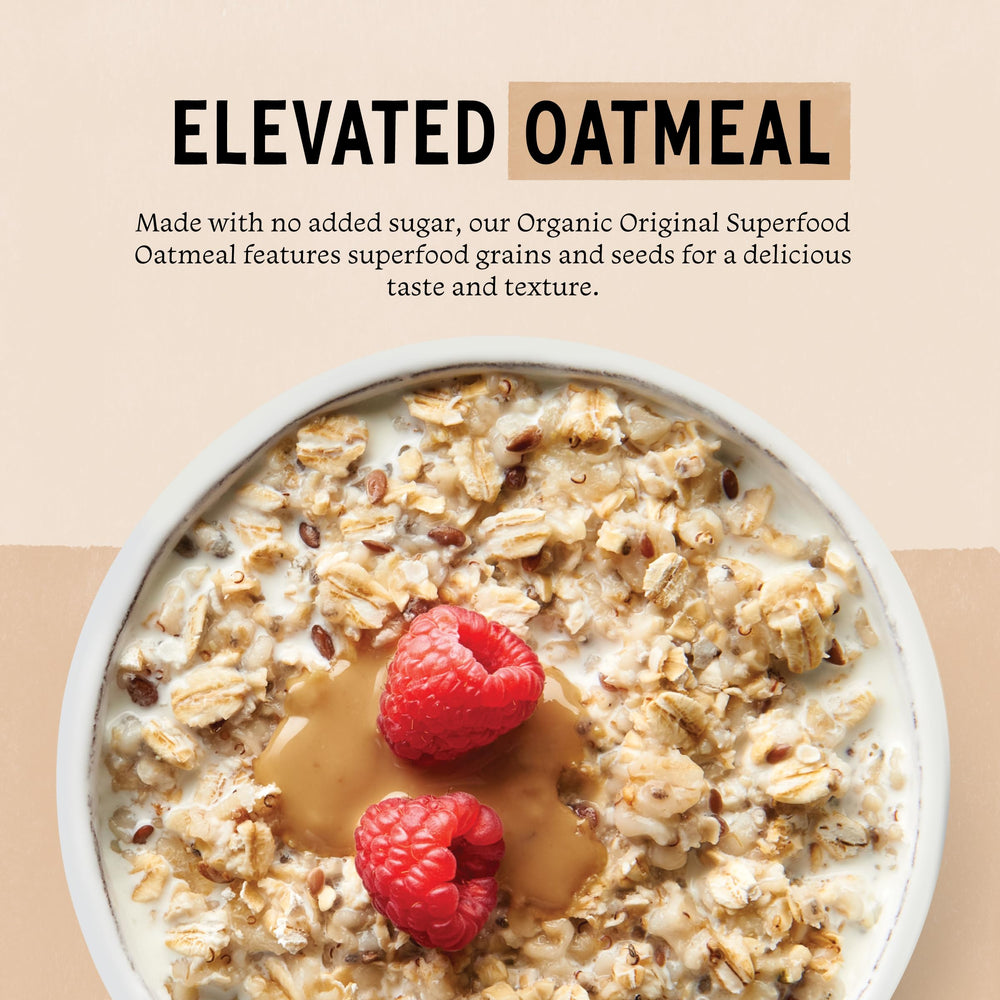 Purely Elizabeth primer plano de la textura de avena y semillas, aspecto nutritivo