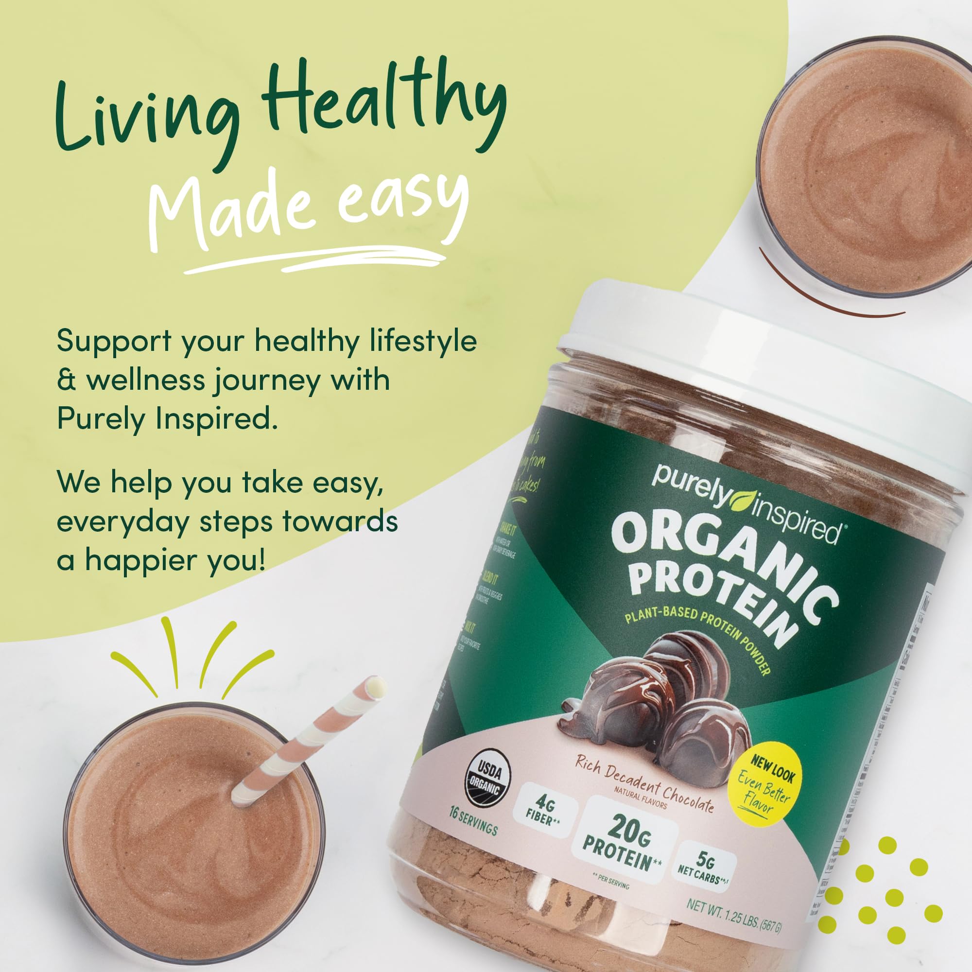 Purely Inspired en escenario lifestyle con persona activa disfrutando un batido nutritivo