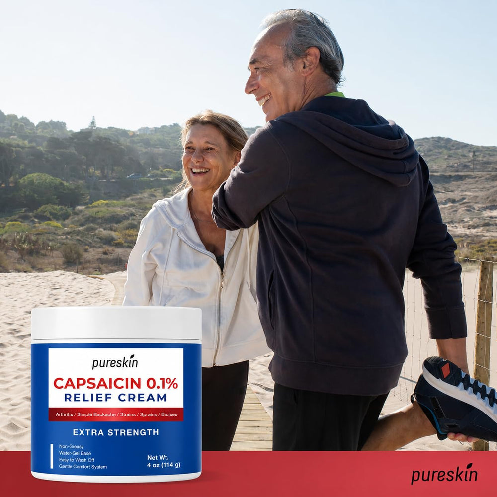 PURESKIN crema aplicada en rodilla ilustrando alivio localizado y movilidad