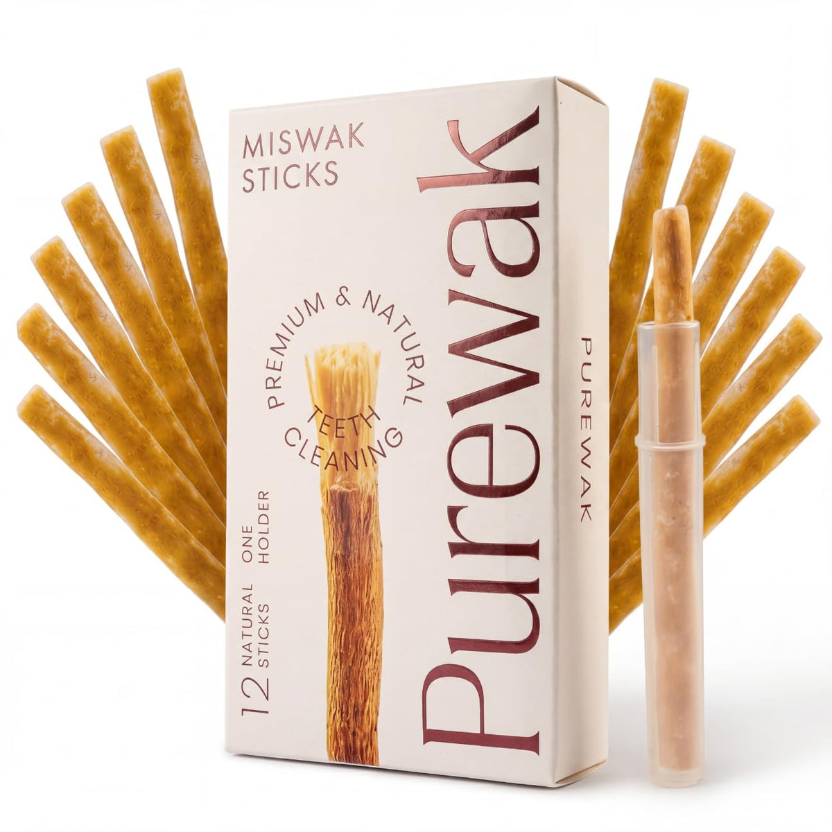 PUREWAK paquete frontal con 12 palos Miswak, presentación natural y lista para usar