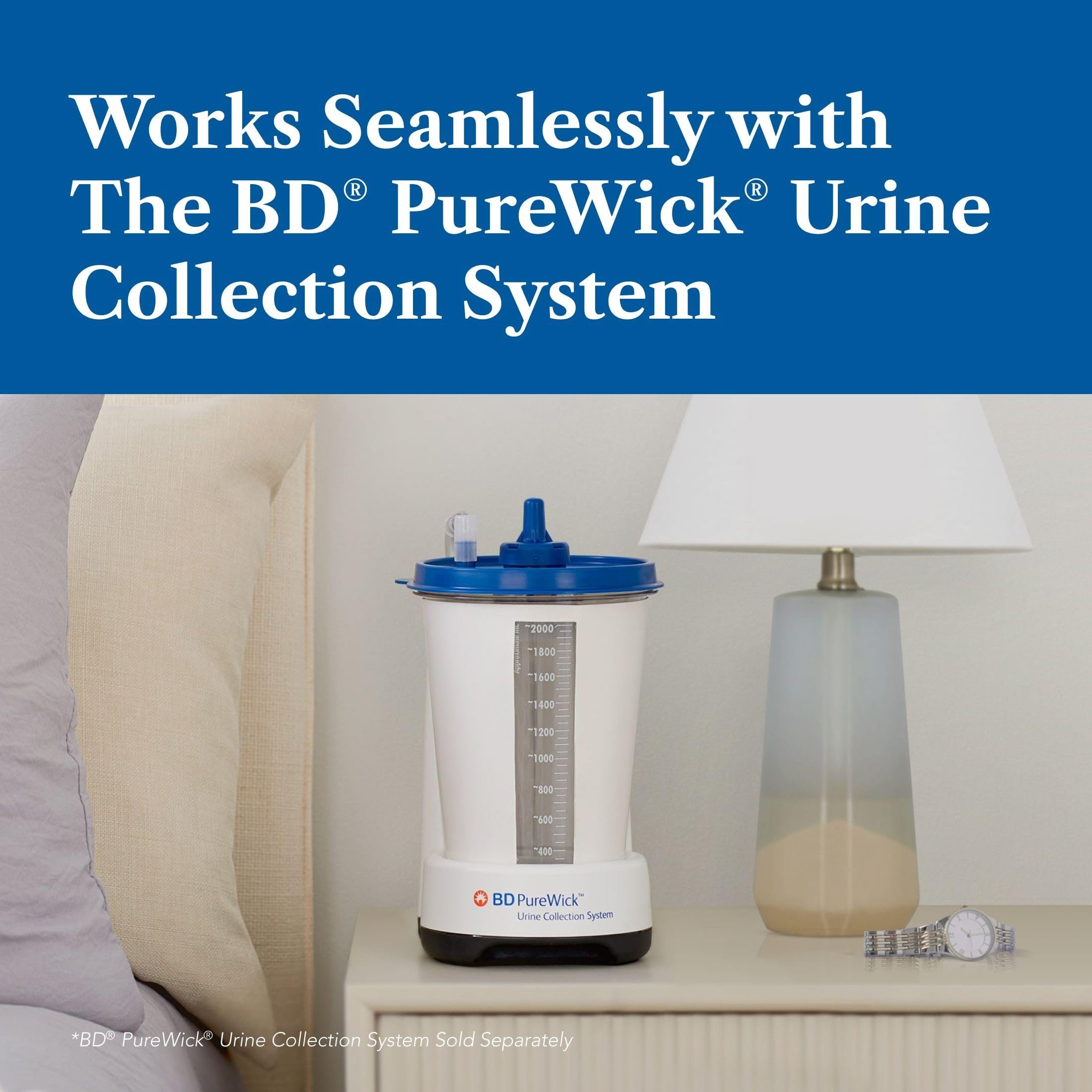 PureWick canister volume markings visible for easy output monitoring benefit