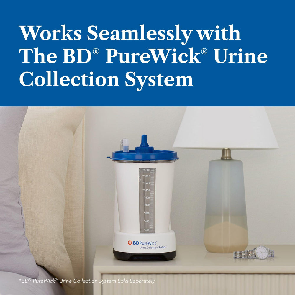 PureWick canister volume markings visible for easy output monitoring benefit