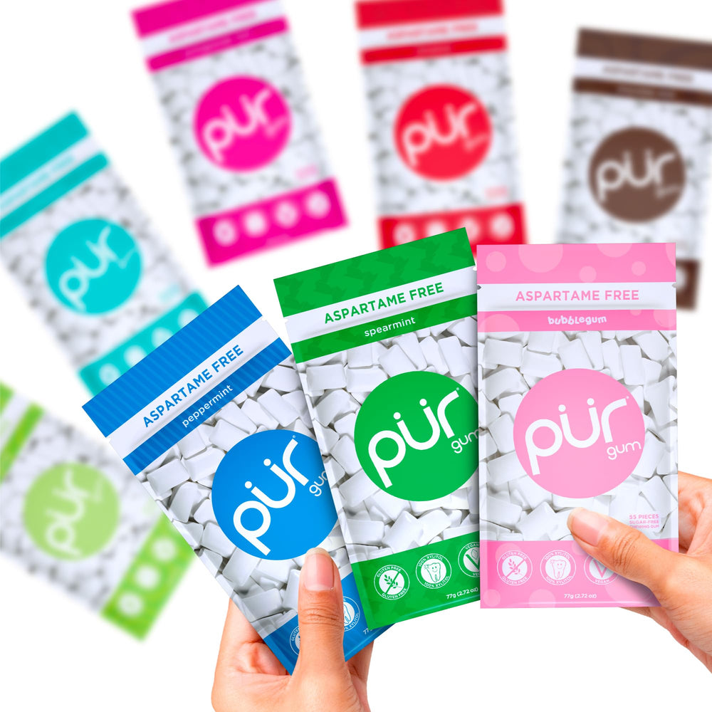PUR Gum etiqueta de ingredientes y xilitol sostenible, transparencia clara