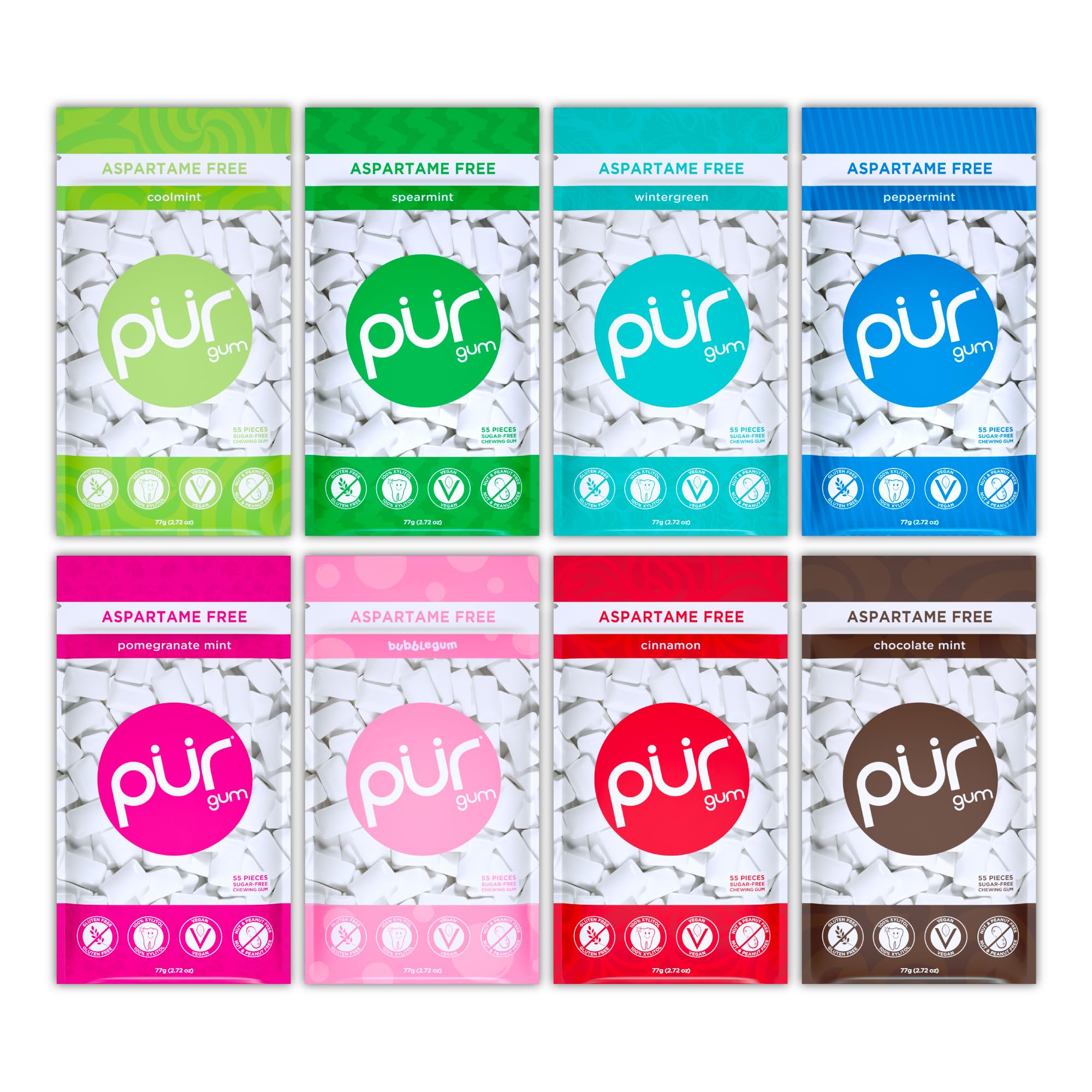 PUR Gum vista frontal del pack variado con 8 bolsas, conveniencia portátil