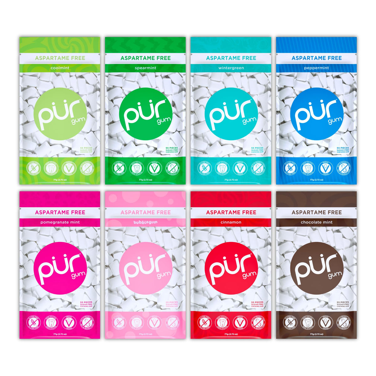 PUR Gum vista frontal del pack variado con 8 bolsas, conveniencia portátil