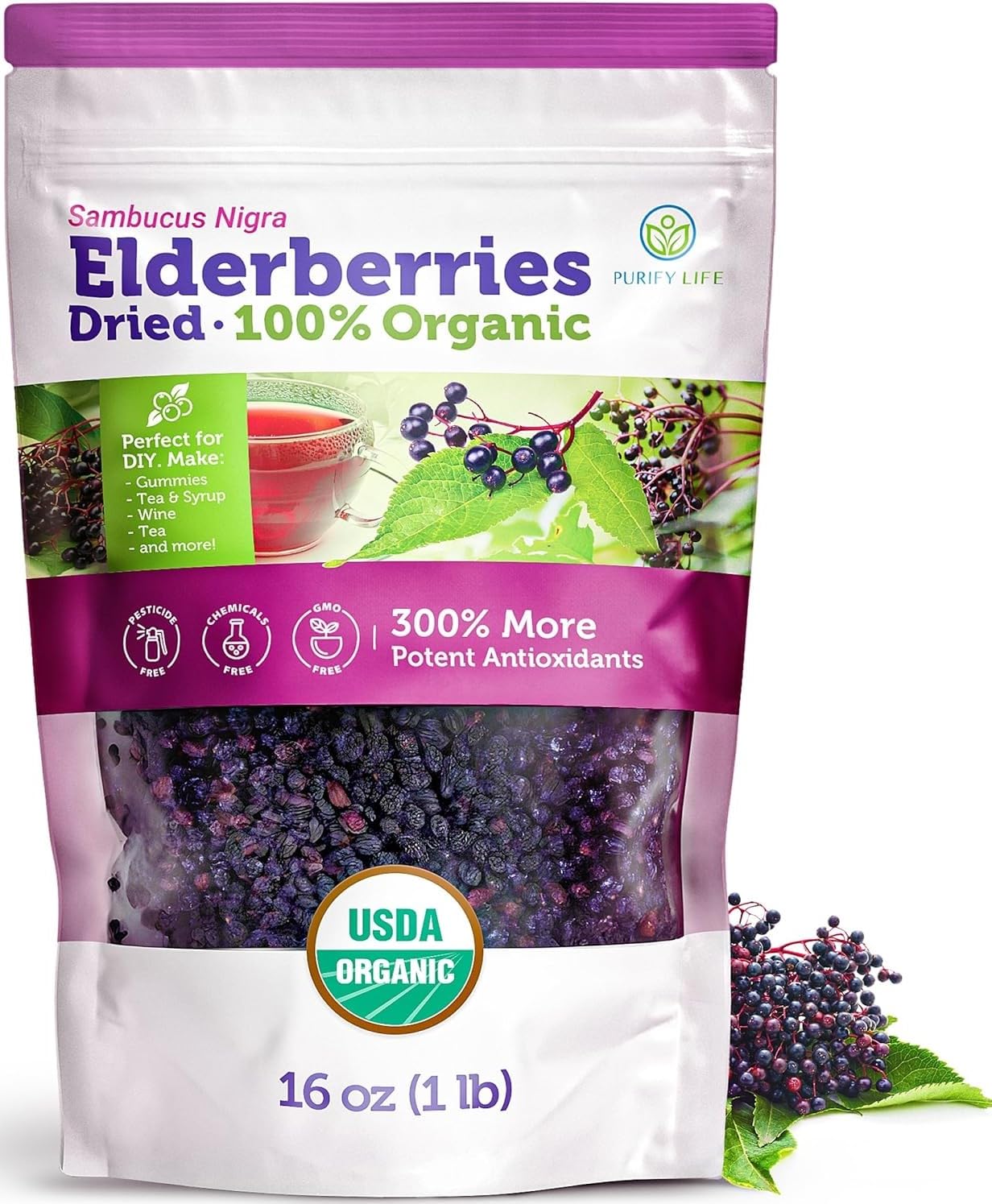 Purify Life paquete frontal de elderberries orgánicas listo para cocinar