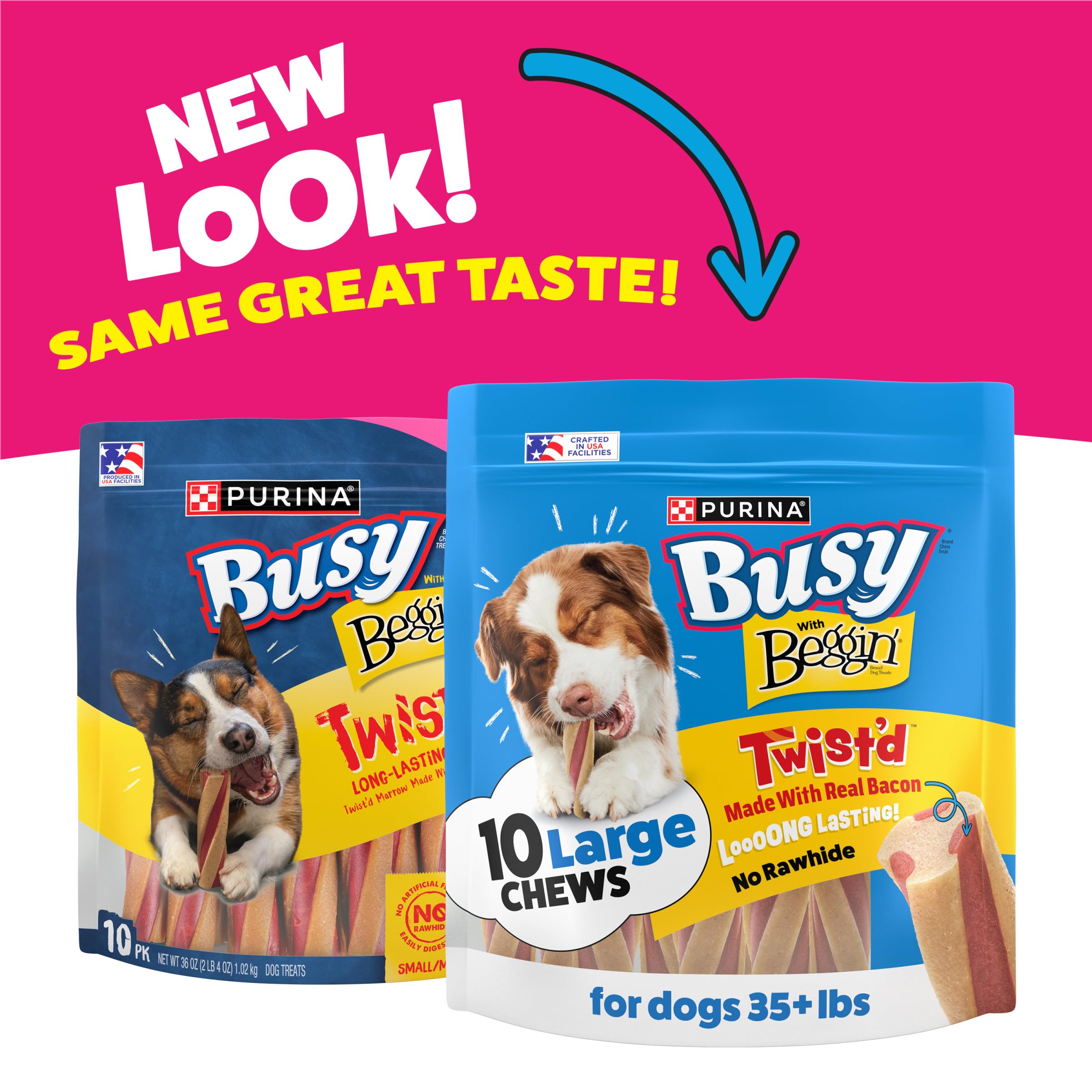 Purina Busy Beggin detalle de la textura en espiral que sugiere masticado duradero