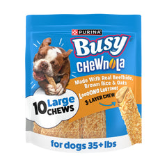 Purina Busy envase frontal mostrando la bolsa y beneficio conveniencia