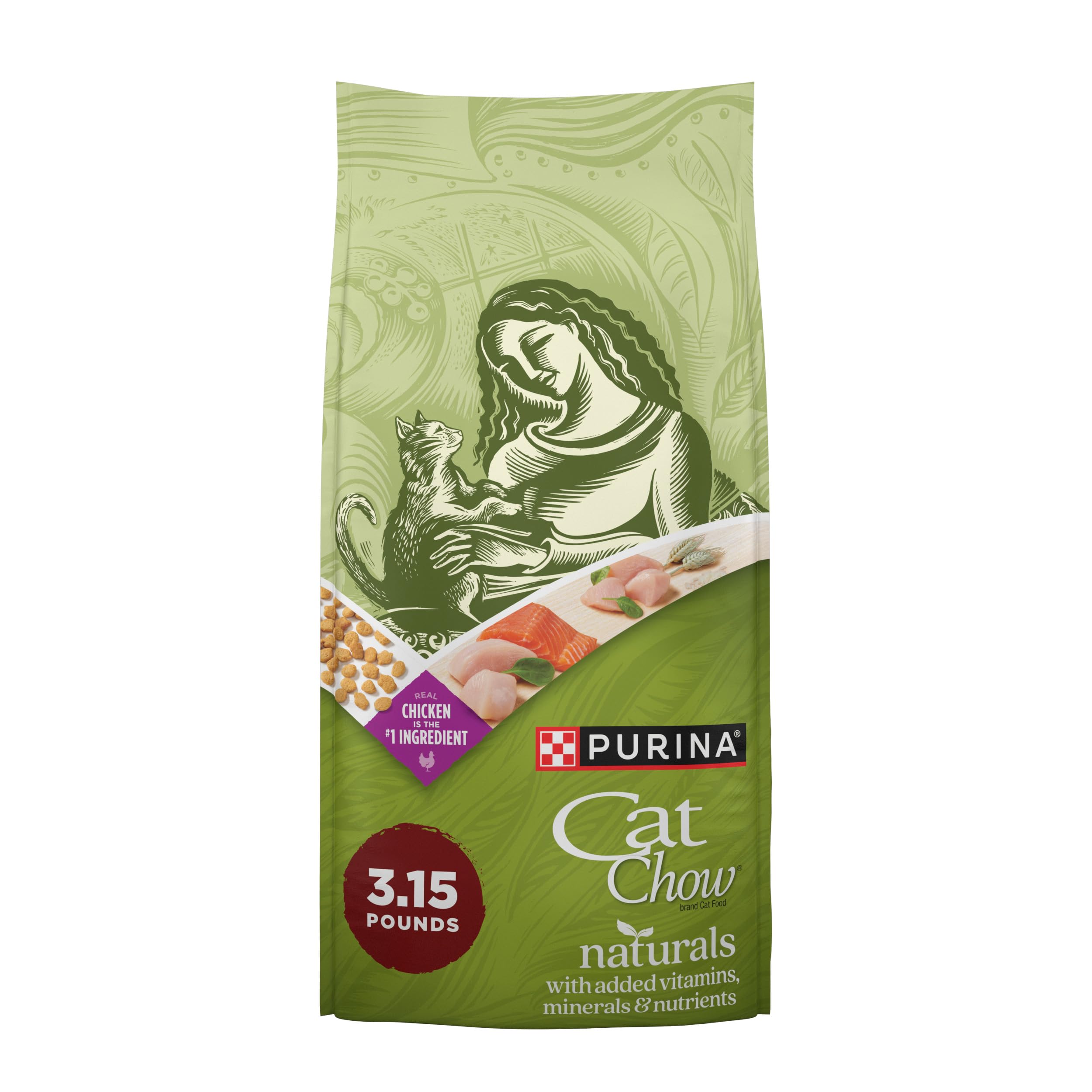 Purina Cat Chow paquete frontal mostrando ingredientes naturales y beneficio de nutrición completa