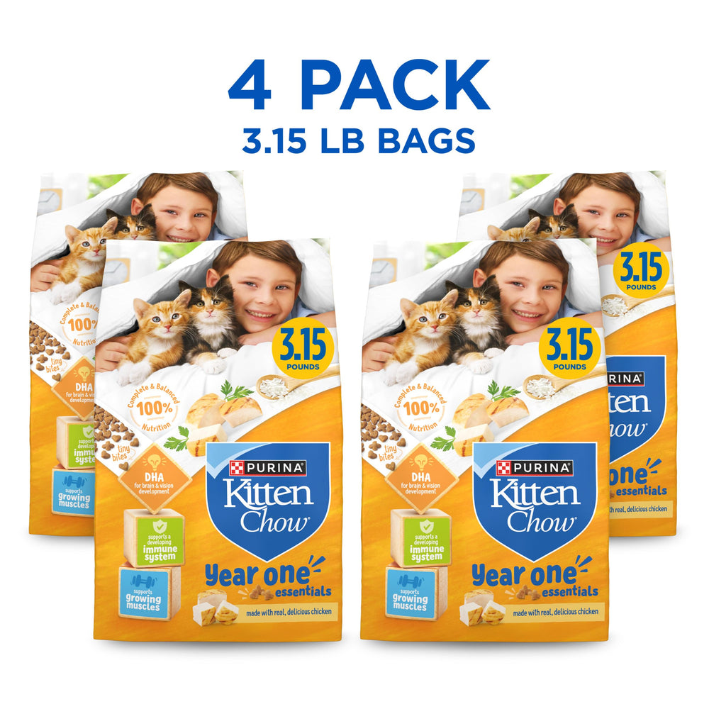 Purina Kitten Chow bag nutrition label highlighting protein and DHA benefits