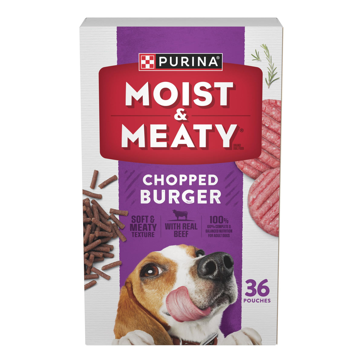 Purina Moist & Meaty paquete frontal mostrando 36 sobres y conveniencia