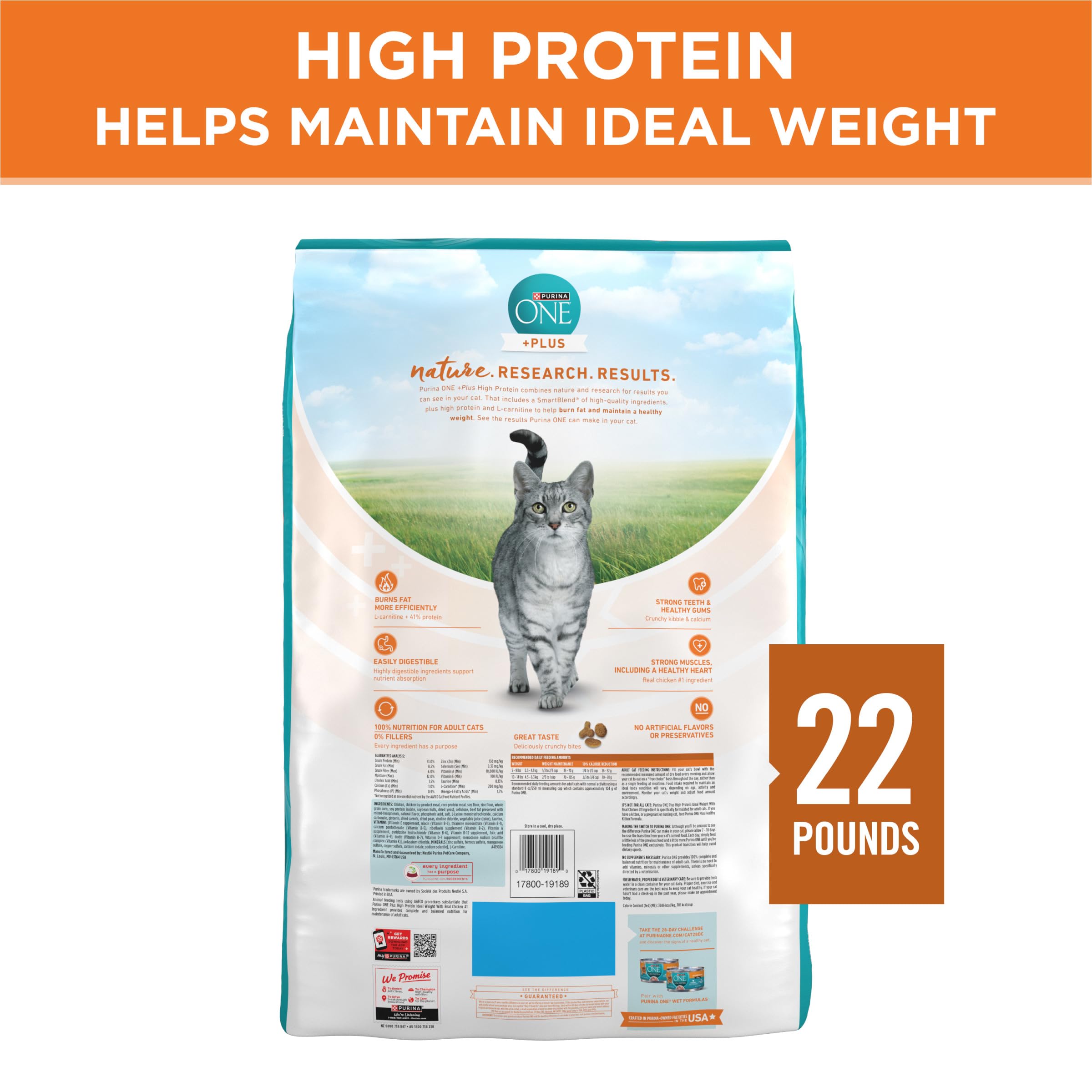 Purina ONE bolsa abierta en mano muestra tamaño real de 22 lb