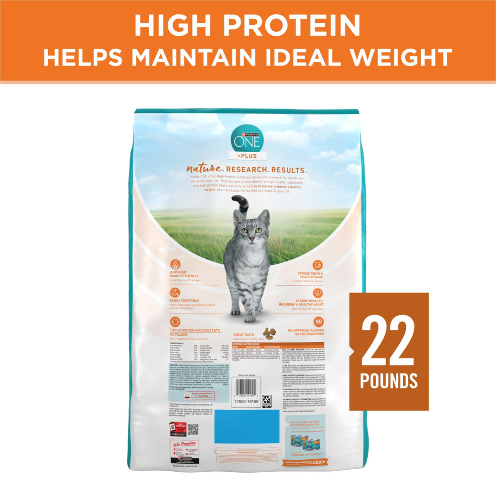 Purina ONE bolsa abierta en mano muestra tamaño real de 22 lb