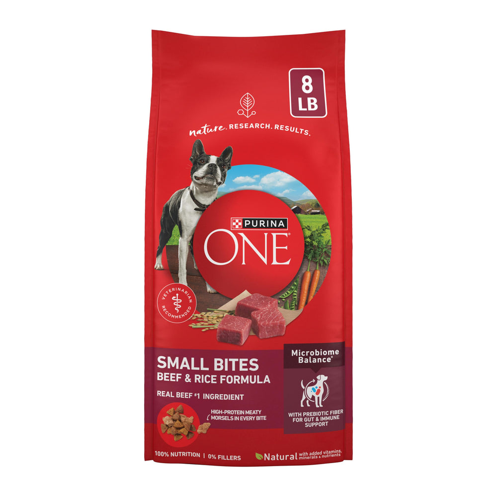 Purina ONE bolsa frontal mostrando fórmula Beef and Rice y confianza nutricional