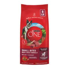 Purina ONE bolsa frontal mostrando fórmula Beef and Rice y confianza nutricional