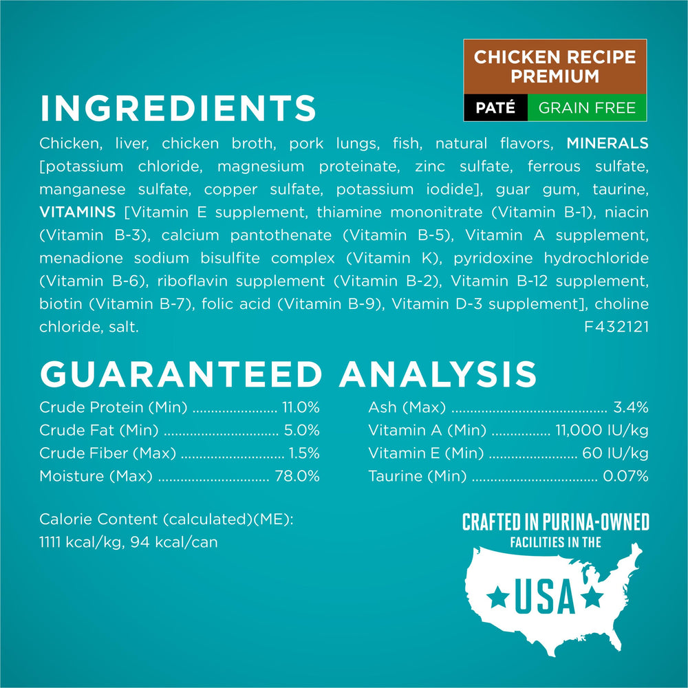 Purina ONE canned food nutrition label showing complete balanced benefits