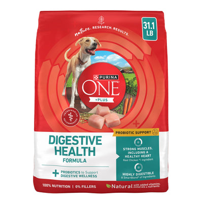 Purina ONE front packaging showing chicken image and digestive health benefits