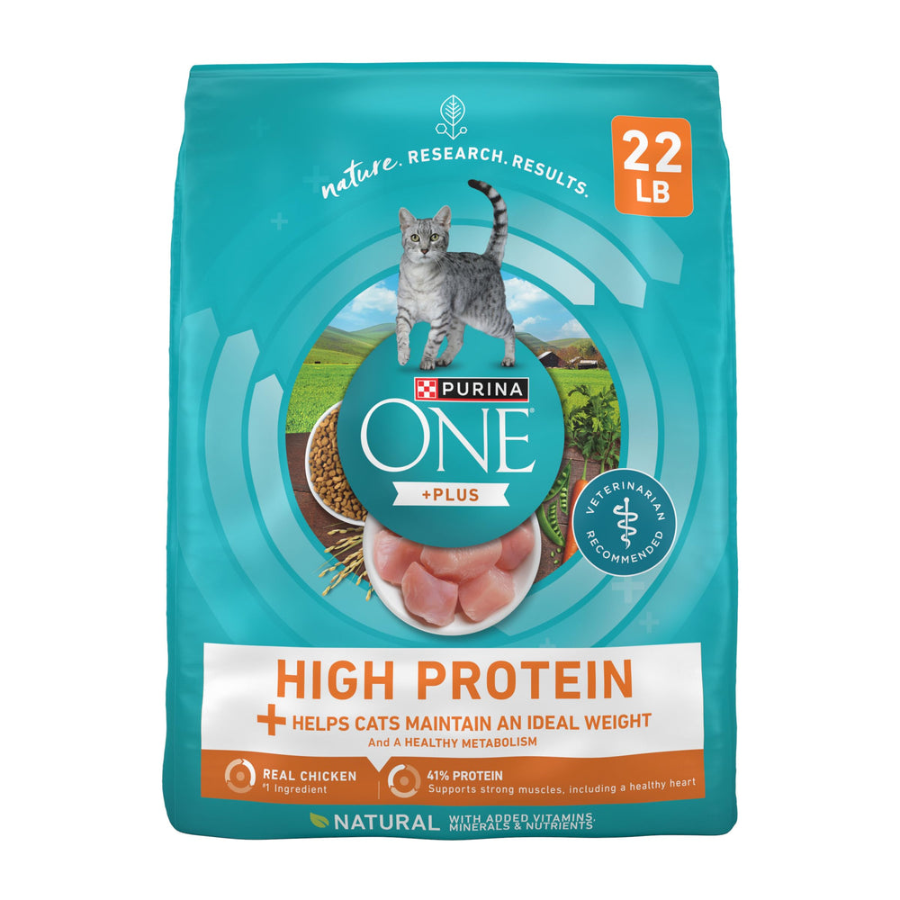 Purina ONE frente del empaque mostrando tamaño y beneficio nutricional