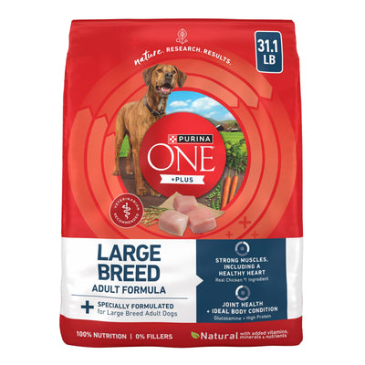 Purina ONE front of bag shows large-breed formula and benefits