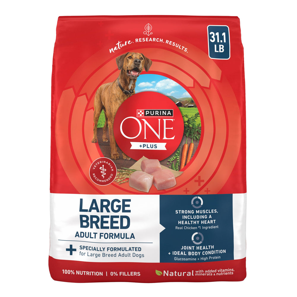 Purina ONE front of bag shows large-breed formula and benefits