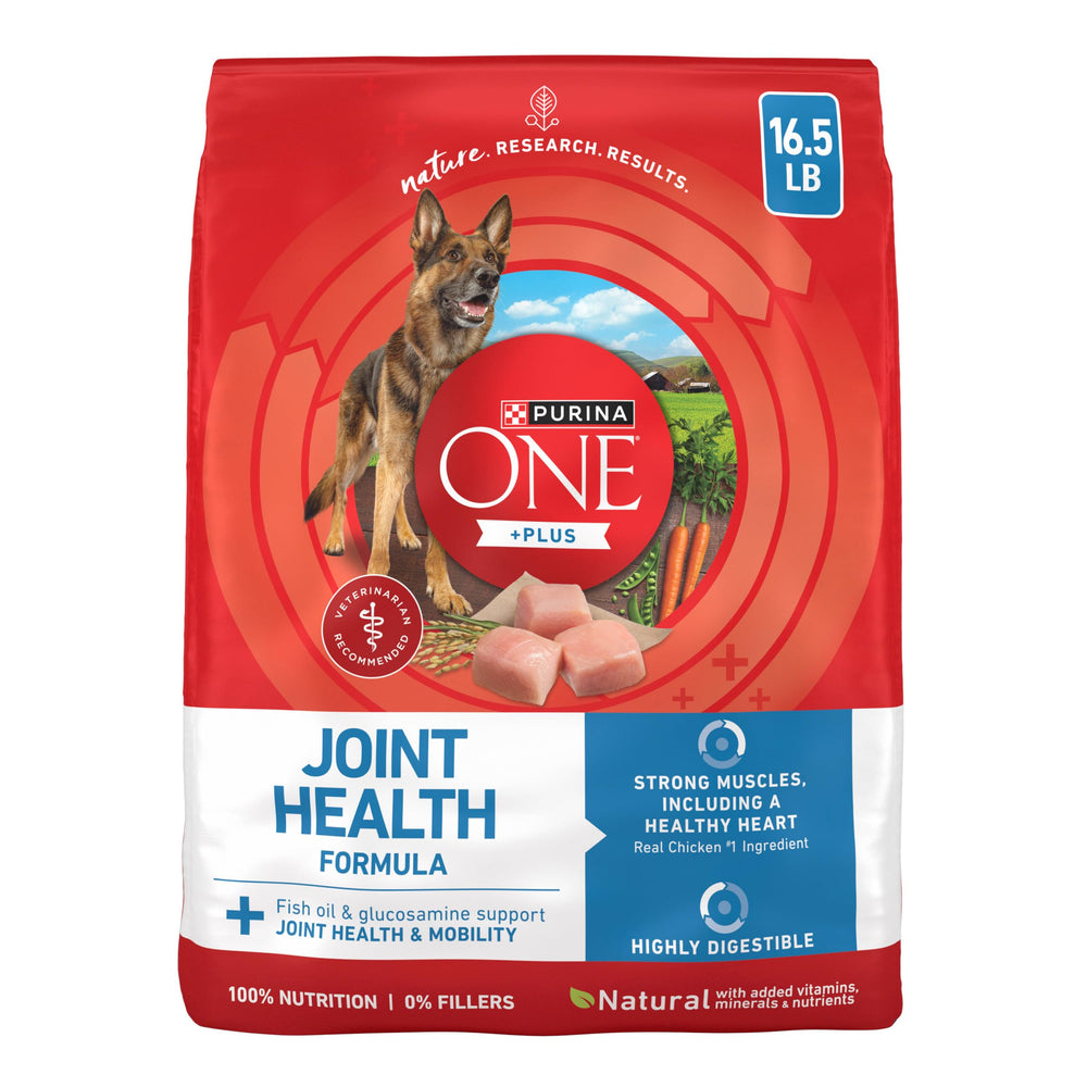 Purina ONE front of bag showing joint health benefits and chicken