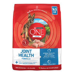 Purina ONE front of bag showing joint health benefits and chicken