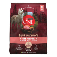 Purina ONE paquete frontal 15 lb que muestra la fórmula True Instinct y conveniencia