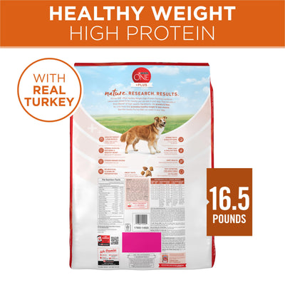 Purina ONE 16.5 lb bag beside a scale showing product size and weight