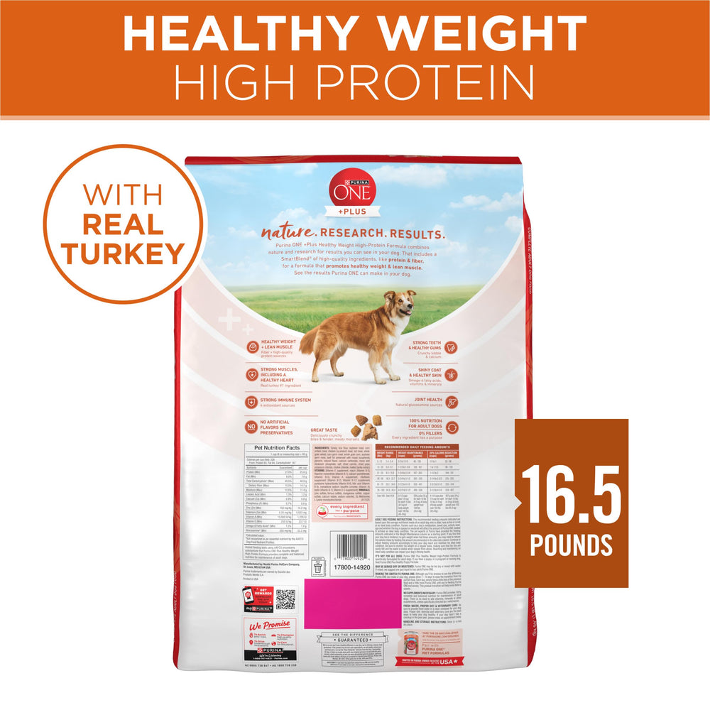Purina ONE 16.5 lb bag beside a scale showing product size and weight