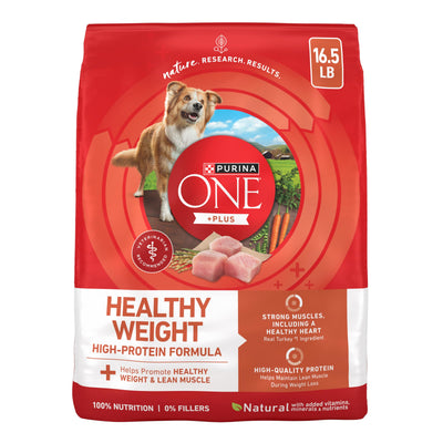 Purina ONE front packaging showing healthy weight benefits and real turkey