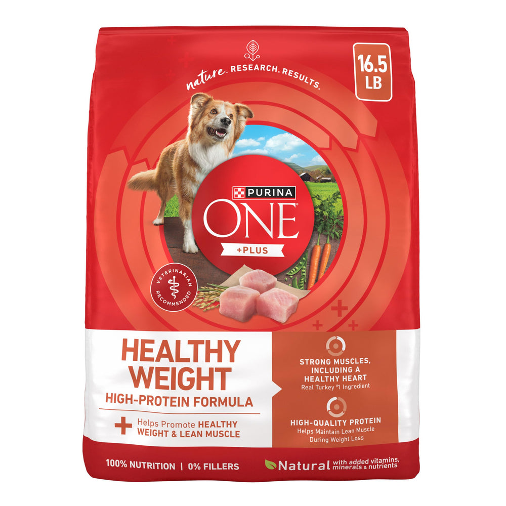 Purina ONE front packaging showing healthy weight benefits and real turkey