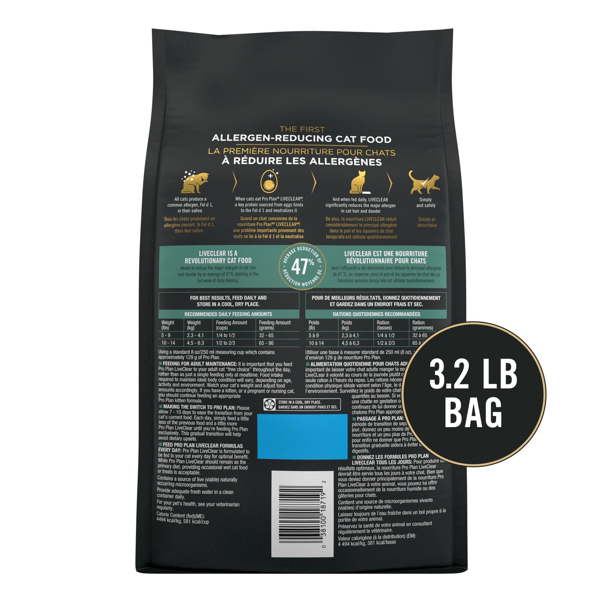 Purina Pro Plan back-of-bag feeding guide and ingredient panel for clarity