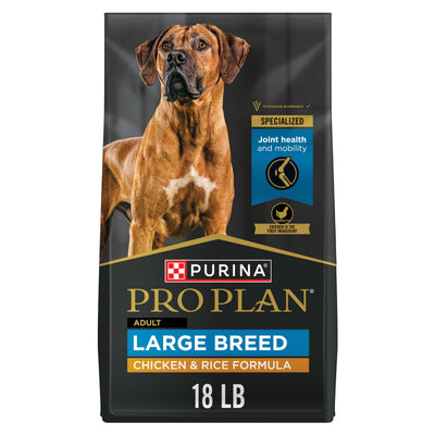 Purina Pro Plan bolsa frontal mostrando formula pollo y arroz y beneficios