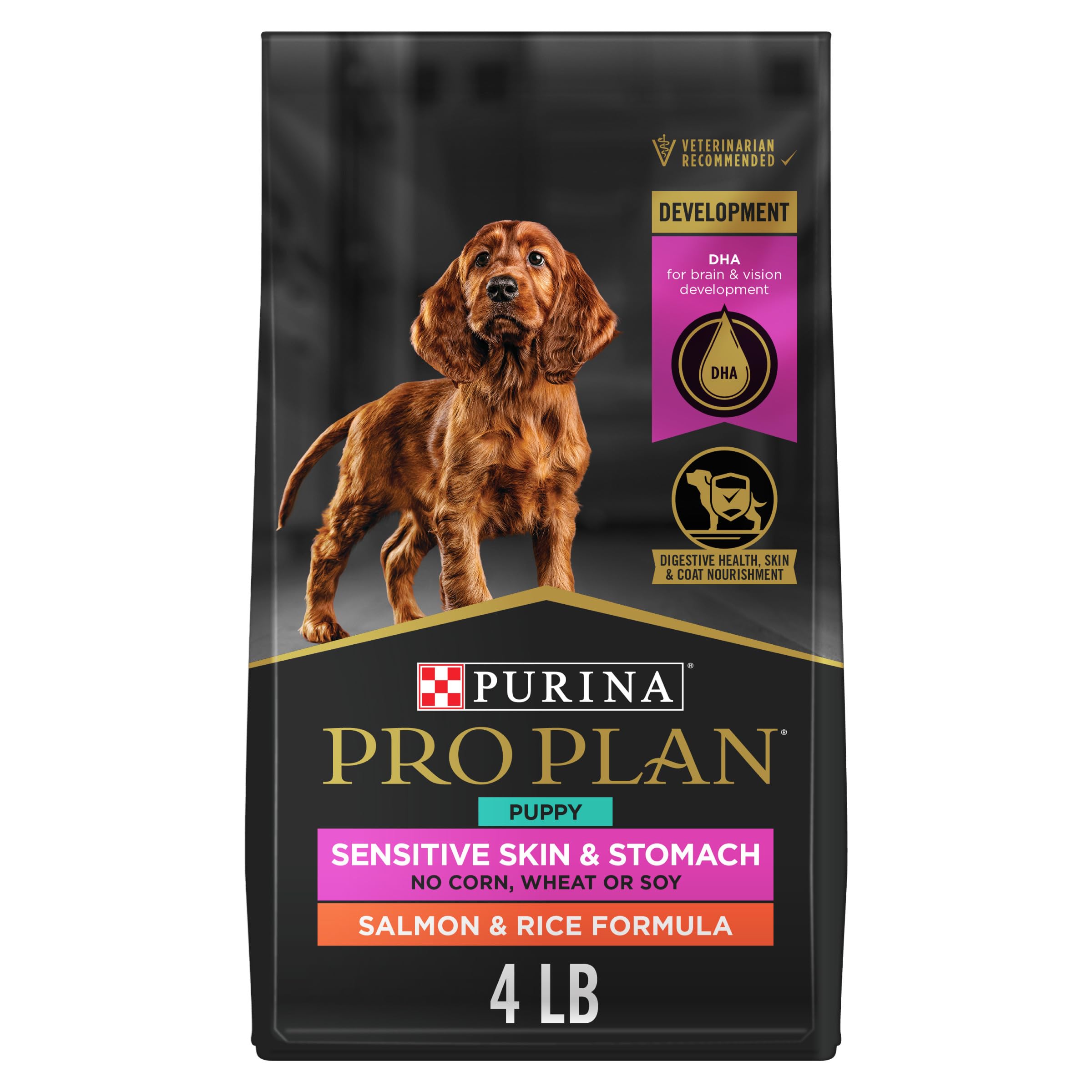 Purina Pro Plan bolsa frontal salmón 4 lb mostrando fórmula para piel y estómago sensible
