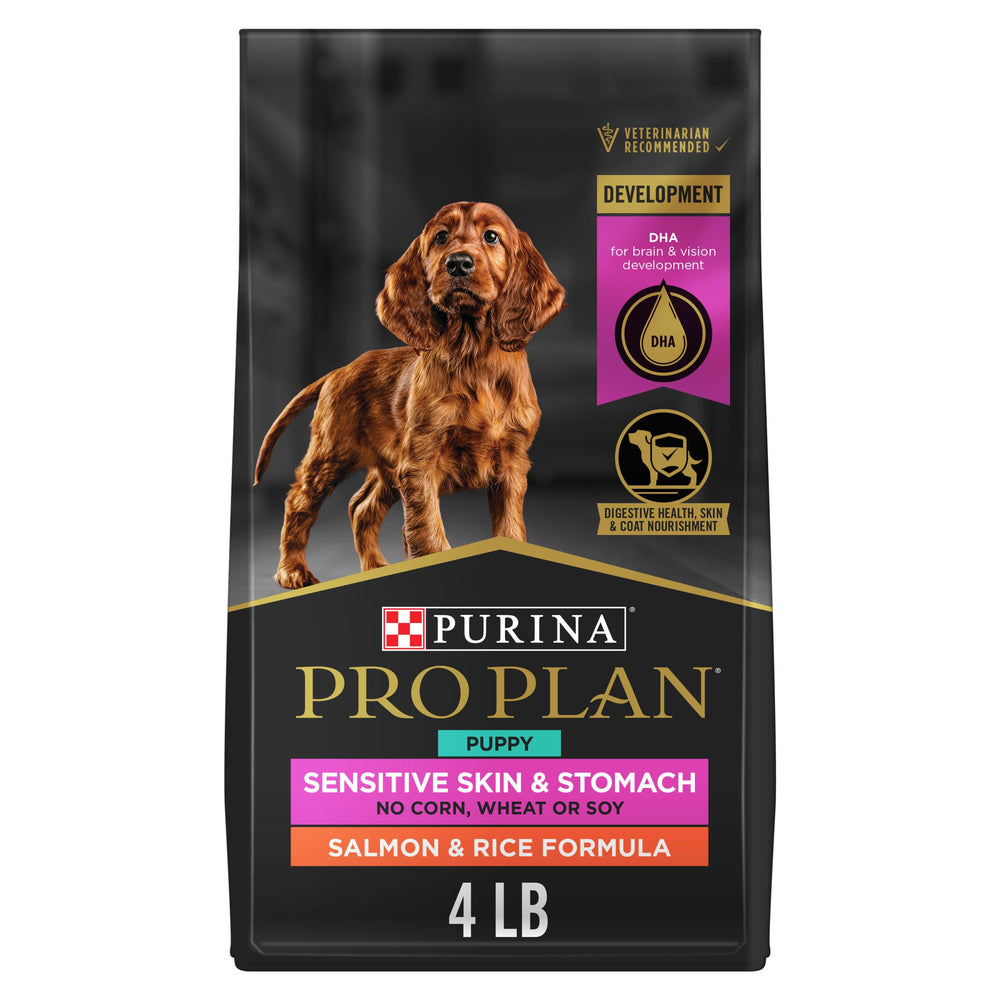 Purina Pro Plan bolsa frontal salmón 4 lb mostrando fórmula para piel y estómago sensible