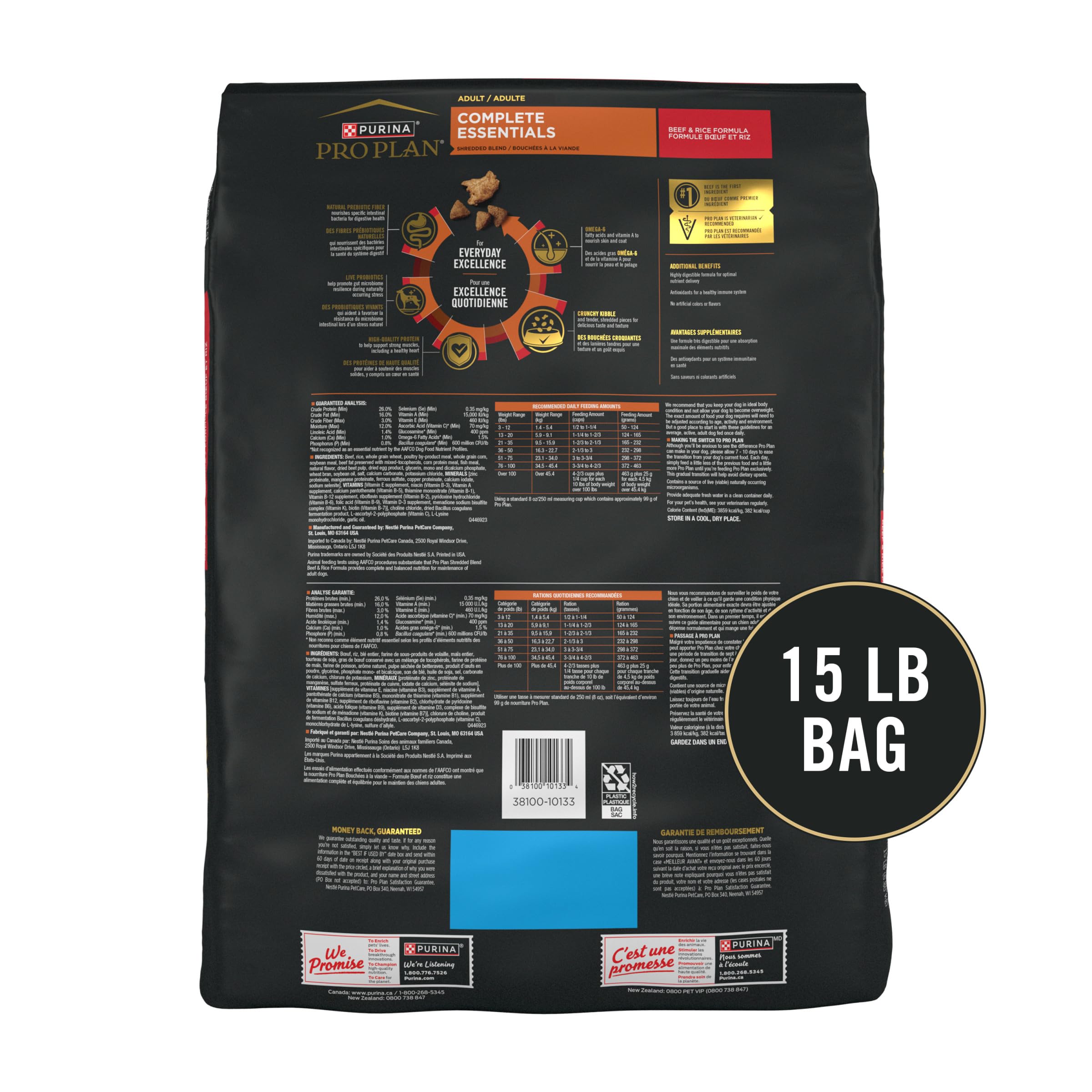 Purina Pro Plan etiqueta nutricional mostrando ingredientes clave y probióticos
