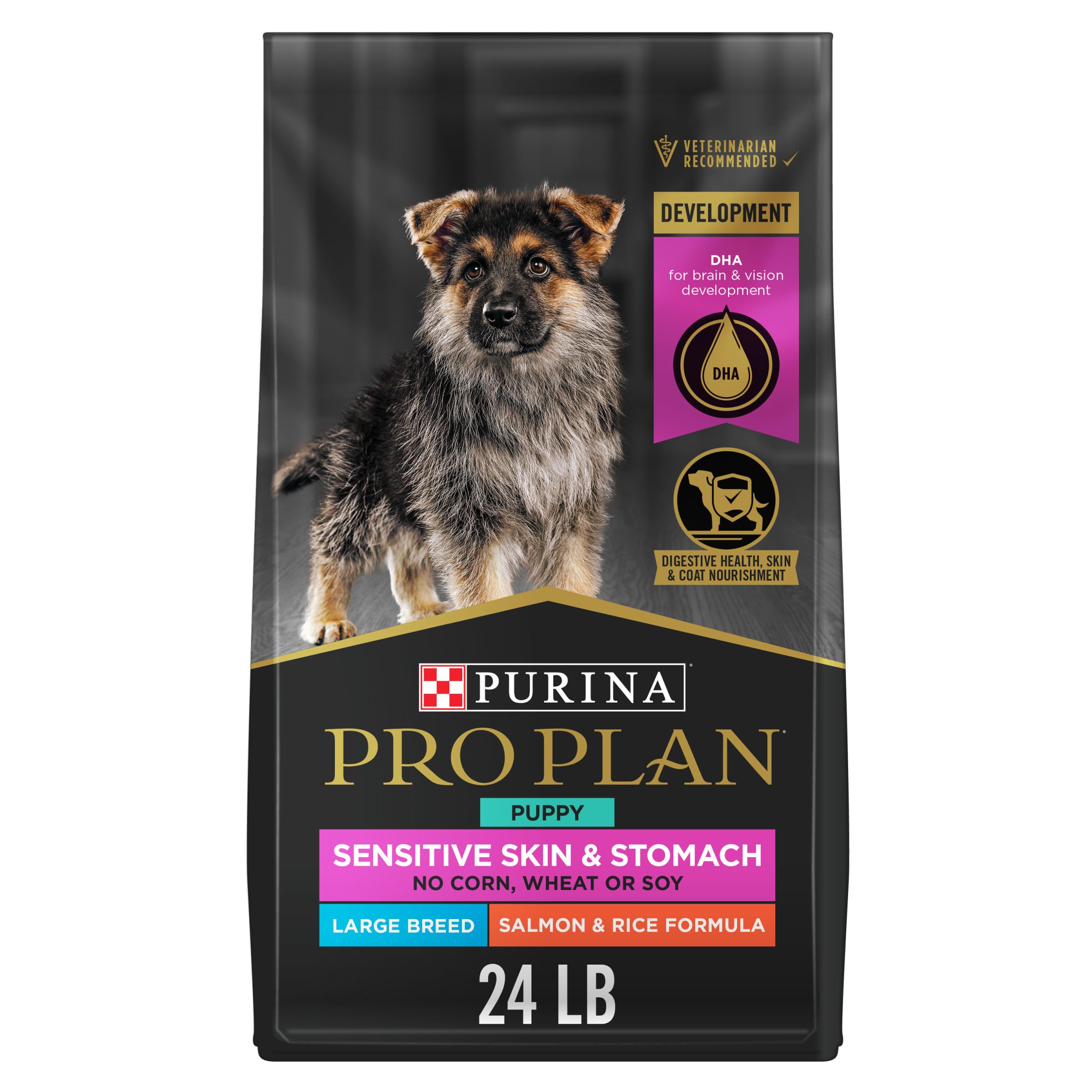 Purina Pro Plan bolsa frontal 24 lb mostrando la fórmula para piel sensible y digestión