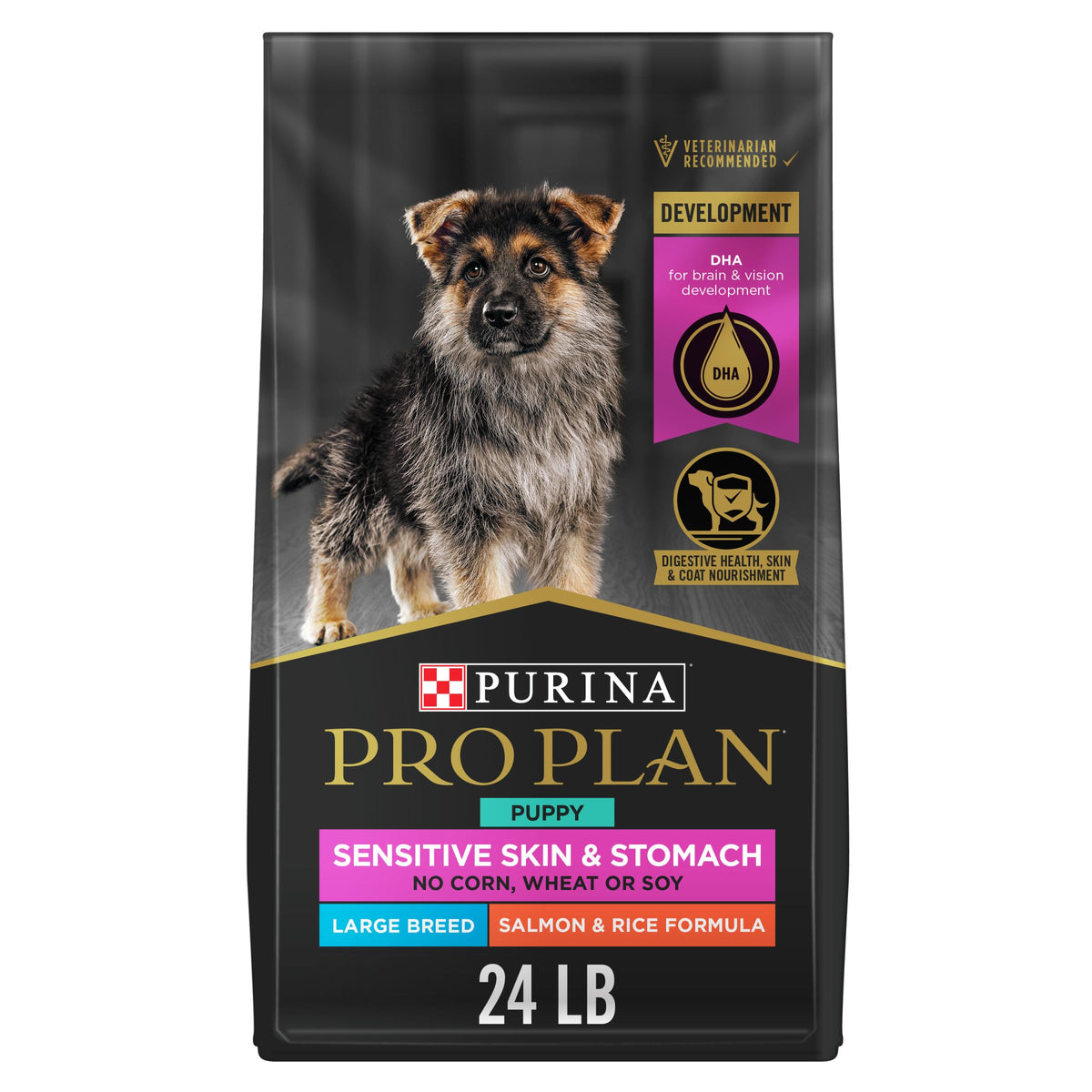 Purina Pro Plan bolsa frontal 24 lb mostrando la fórmula para piel sensible y digestión
