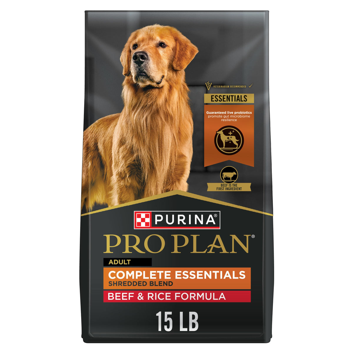 Purina Pro Plan frente de la bolsa mostrando fórmula shredded y beneficios