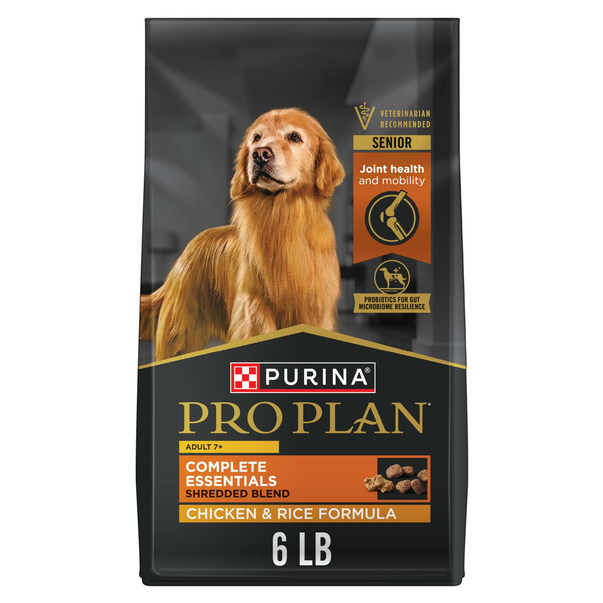 Purina Pro Plan empaque frontal que muestra fórmula senior y pollo