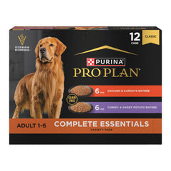 Purina Pro Plan front packaging showing 12 cans and balanced nutrition benefits