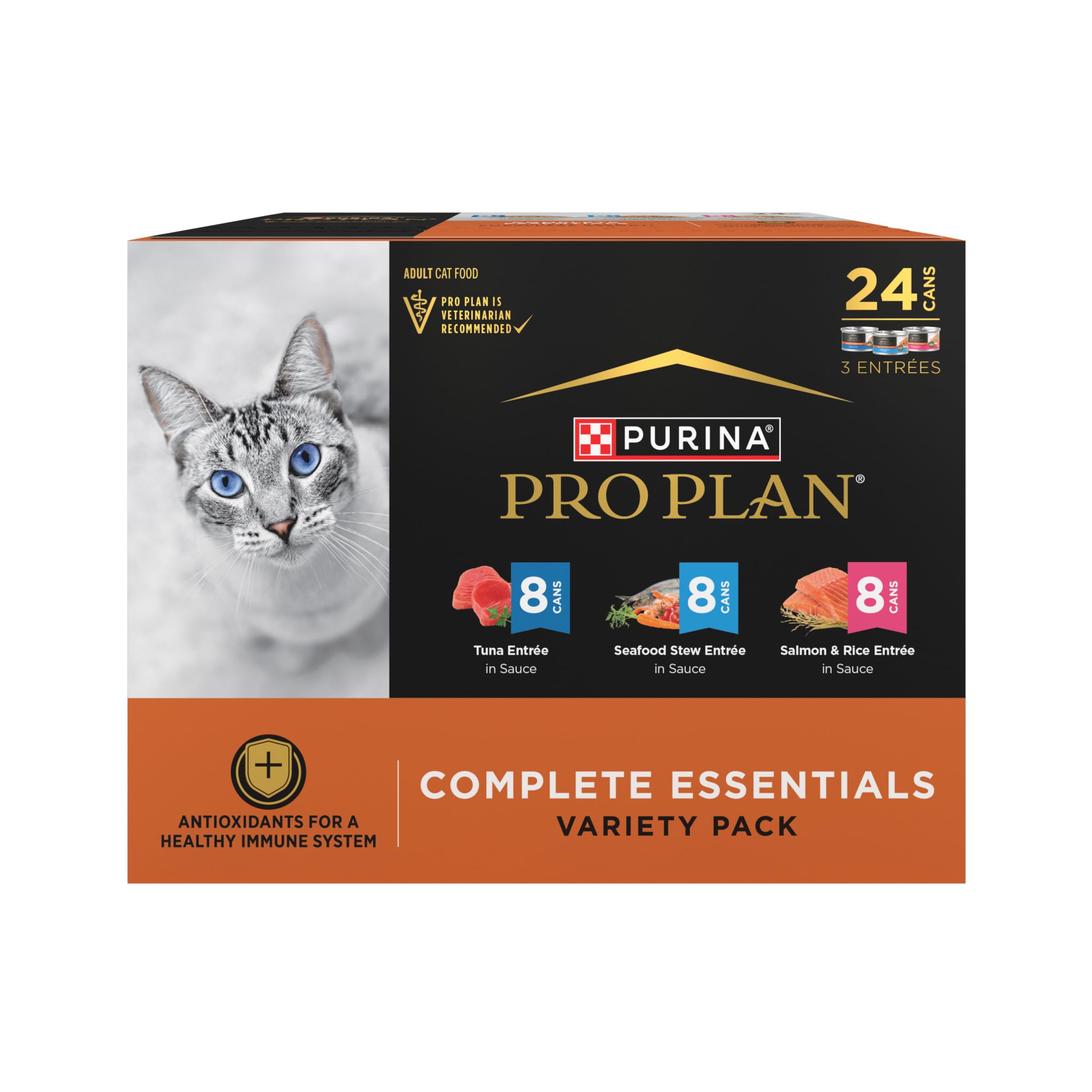 Purina Pro Plan front packaging showing Seafood Favorites variety pack and convenient 24-can supply