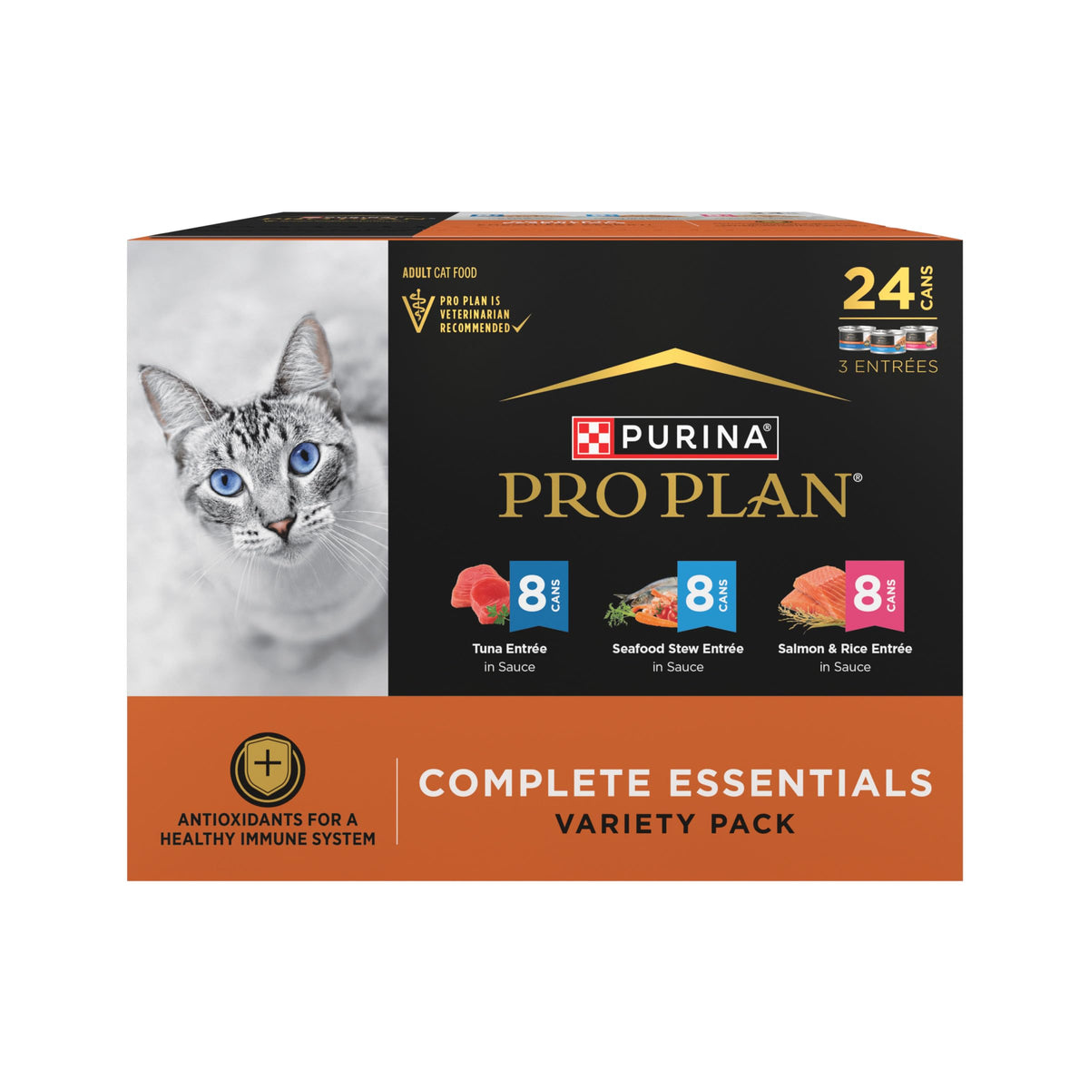Purina Pro Plan front packaging showing Seafood Favorites variety pack and convenient 24-can supply