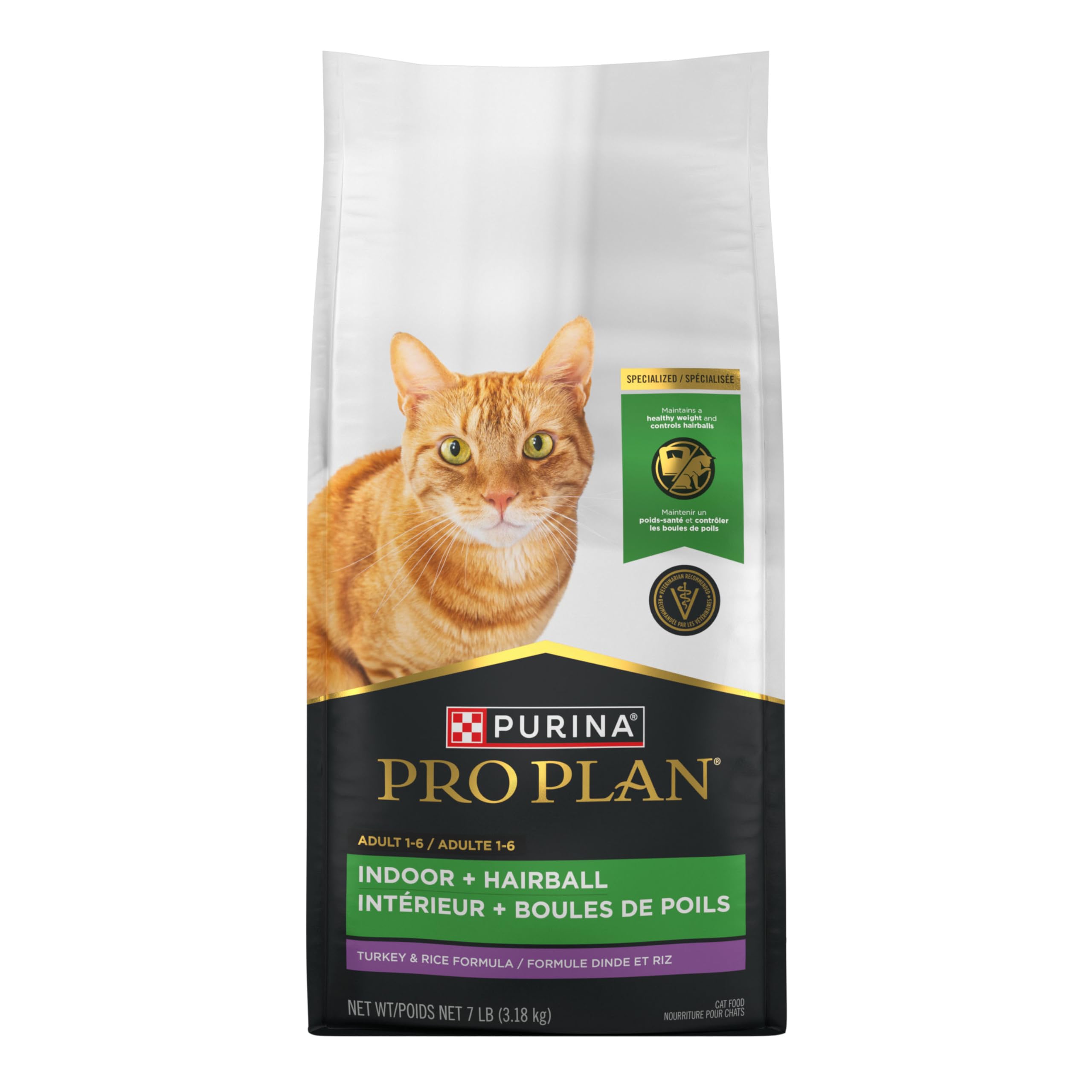 Purina Pro Plan gato comiendo en un plato, control de bolas de pelo en uso