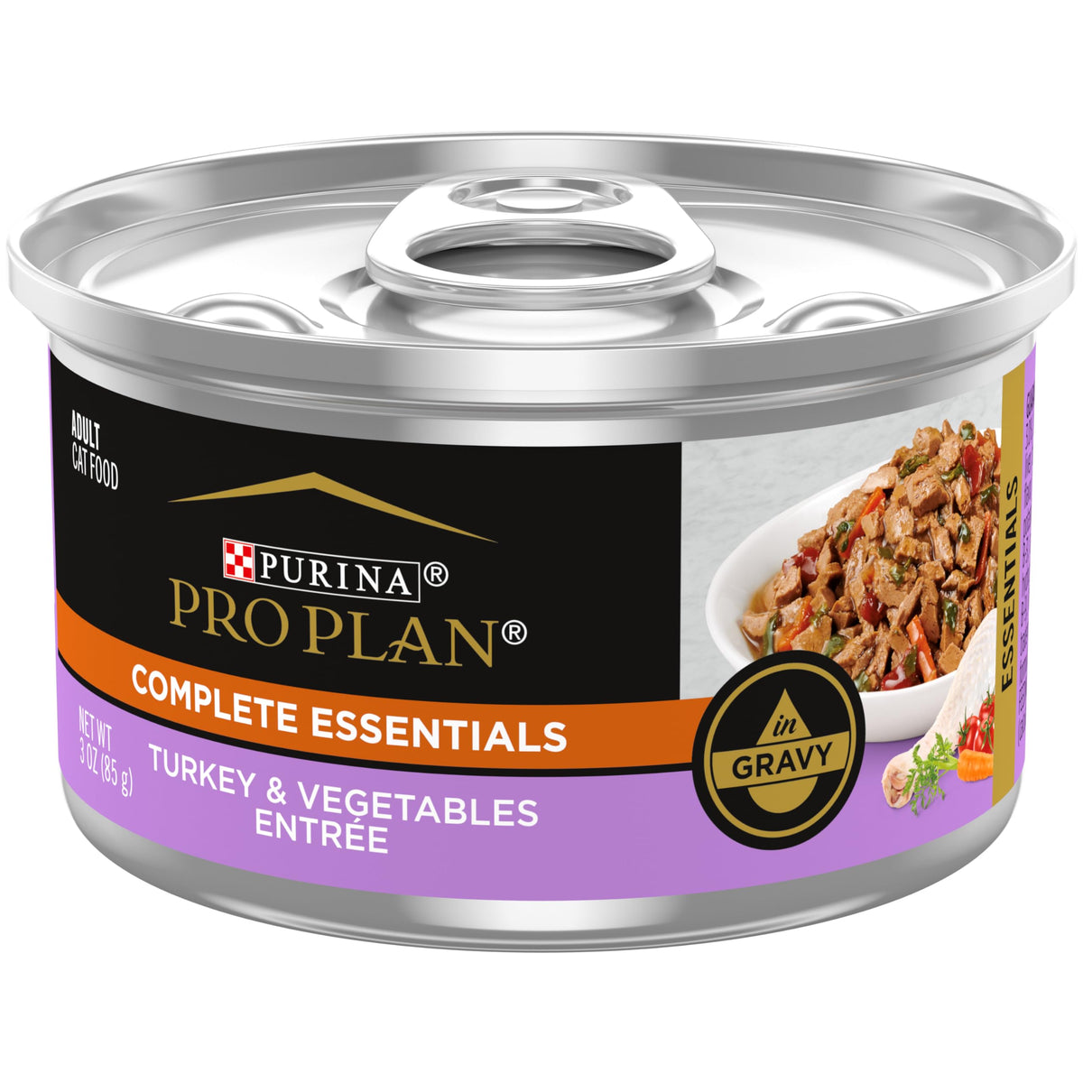 Purina Pro Plan lata frontal mostrando marca y variedad pavo y vegetales, fácil reconocimiento