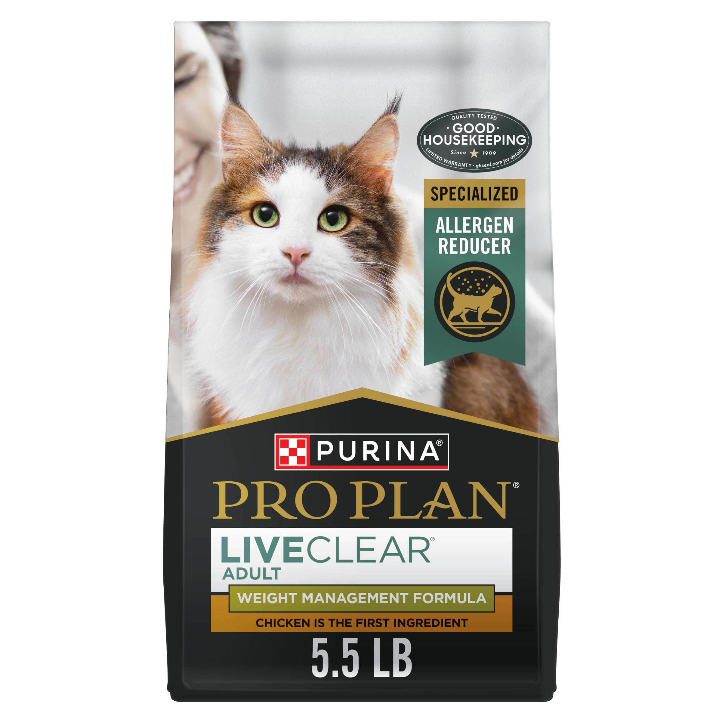 Purina Pro Plan paquete frontal mostrando fórmula LiveClear y control de peso