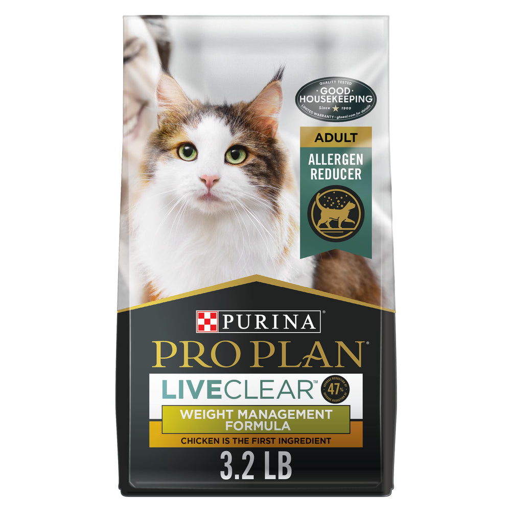 Purina Pro Plan frente del paquete mostrando fórmula LIVECLEAR y control de peso