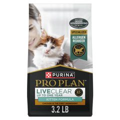Purina Pro Plan front packaging showing LiveClear kitten food benefits and clarity