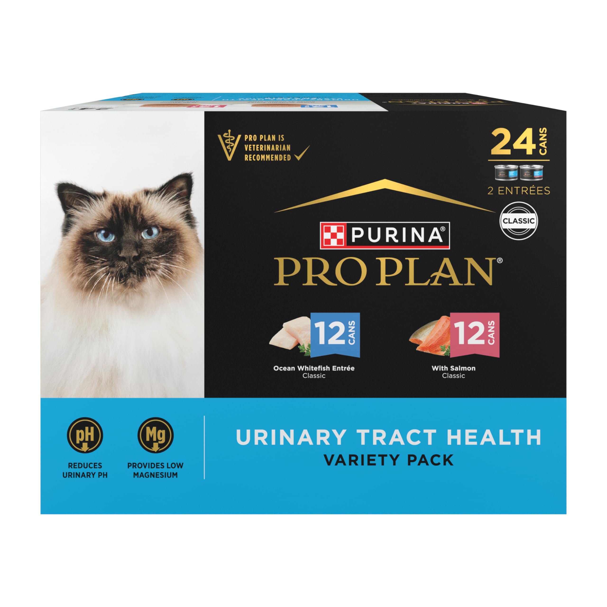 Purina Pro Plan pack frontal mostrando latas y beneficio variedad