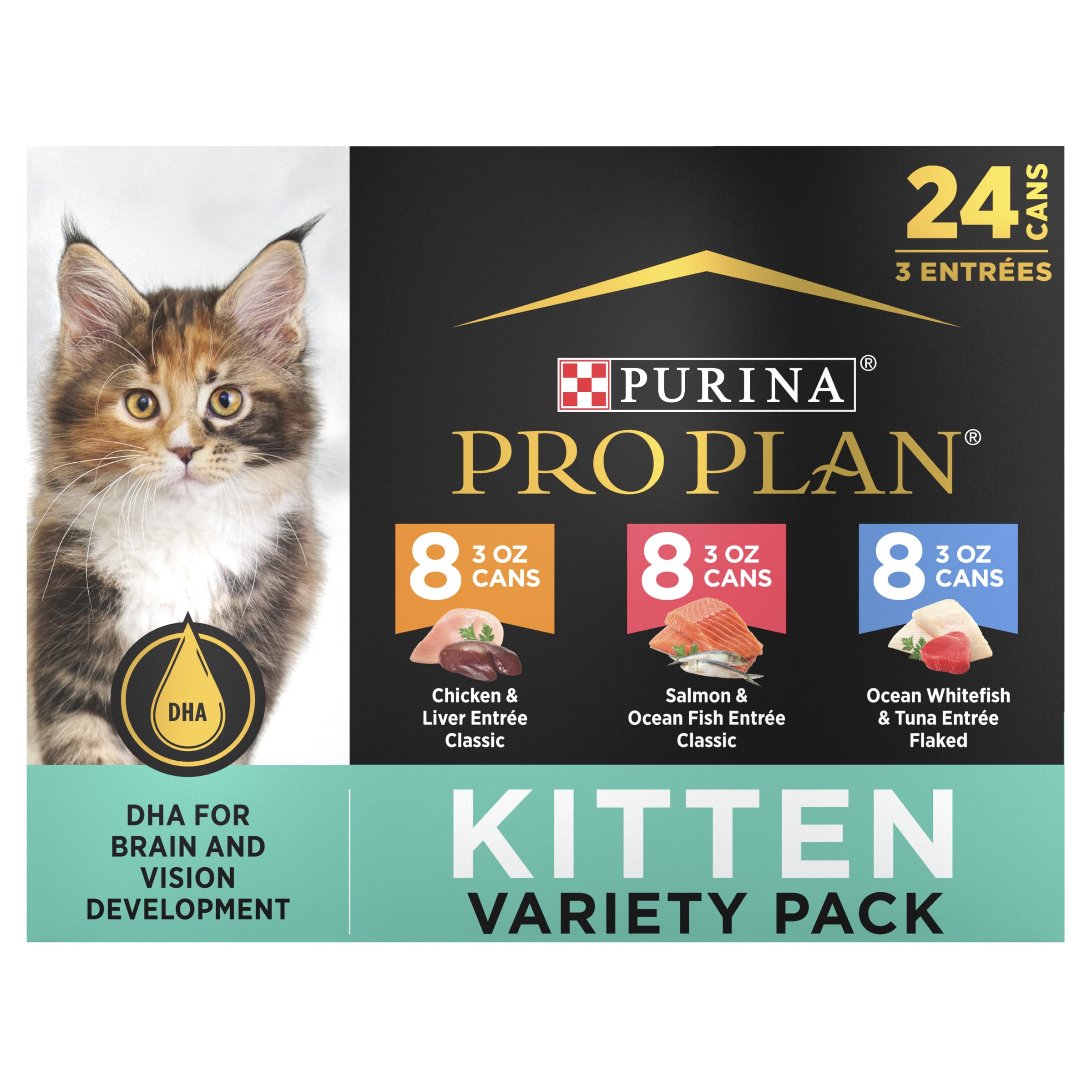 Purina Pro Plan pack frontal mostrando 24 latas para variedad y conveniencia